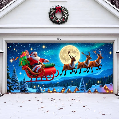 Santa's Flight (Glow) Christmas garage door cover shown on a wide garage door