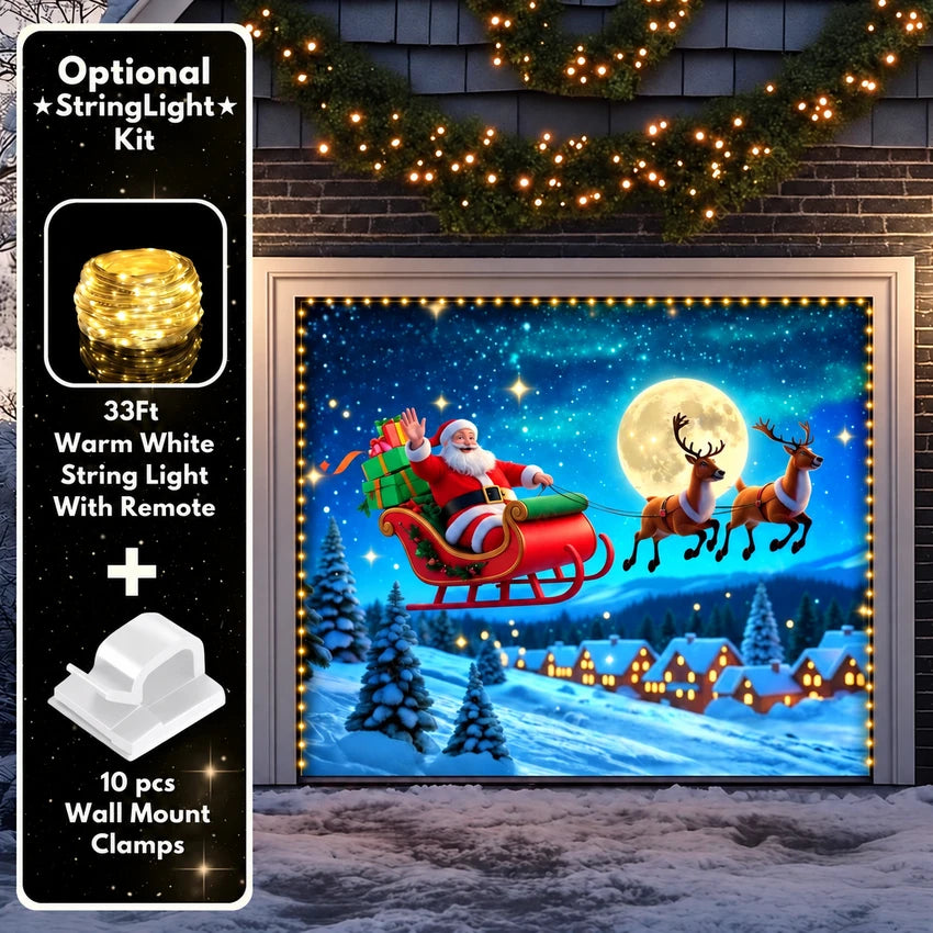 Santa's Flight (Glow) Christmas garage door cover shown on a single garage door with the optional string light kit