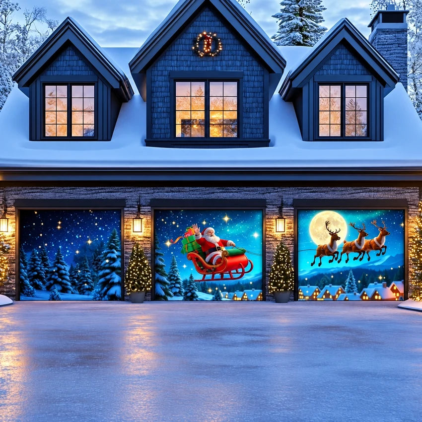 Santa's Flight (Glow) Christmas garage door cover shown on a three-door garage