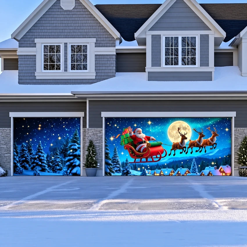 Santa's Flight (Glow) Christmas garage door cover shown on a double-and-single garage layout