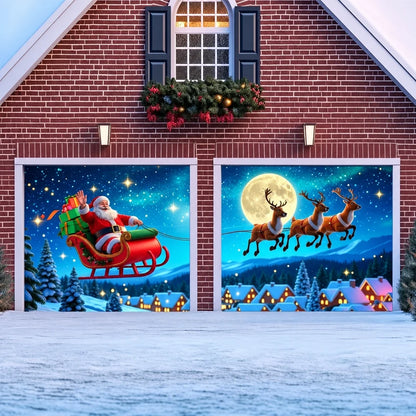Santa's Flight (Glow) Christmas garage door cover shown on two garage doors