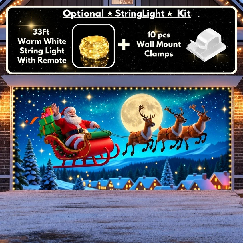 Santa's Flight (Glow) Christmas garage door cover shown on a wide garage door with the optional string light kit