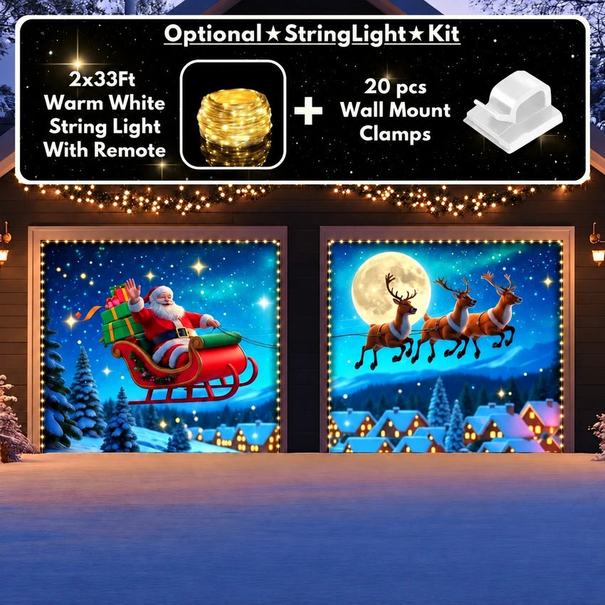 Santa's Flight (Glow) Christmas garage door cover shown on two garage doors with the optional string light kit