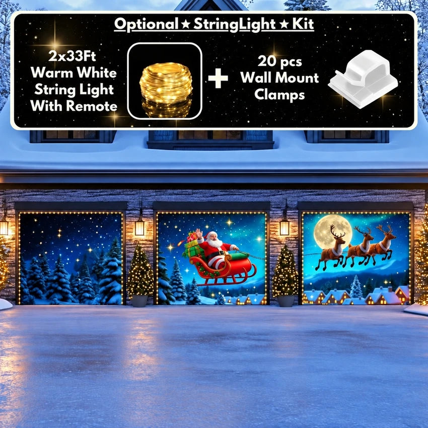 Santa's Flight (Glow) Christmas garage door cover shown on a three-door garage with the optional string light kit