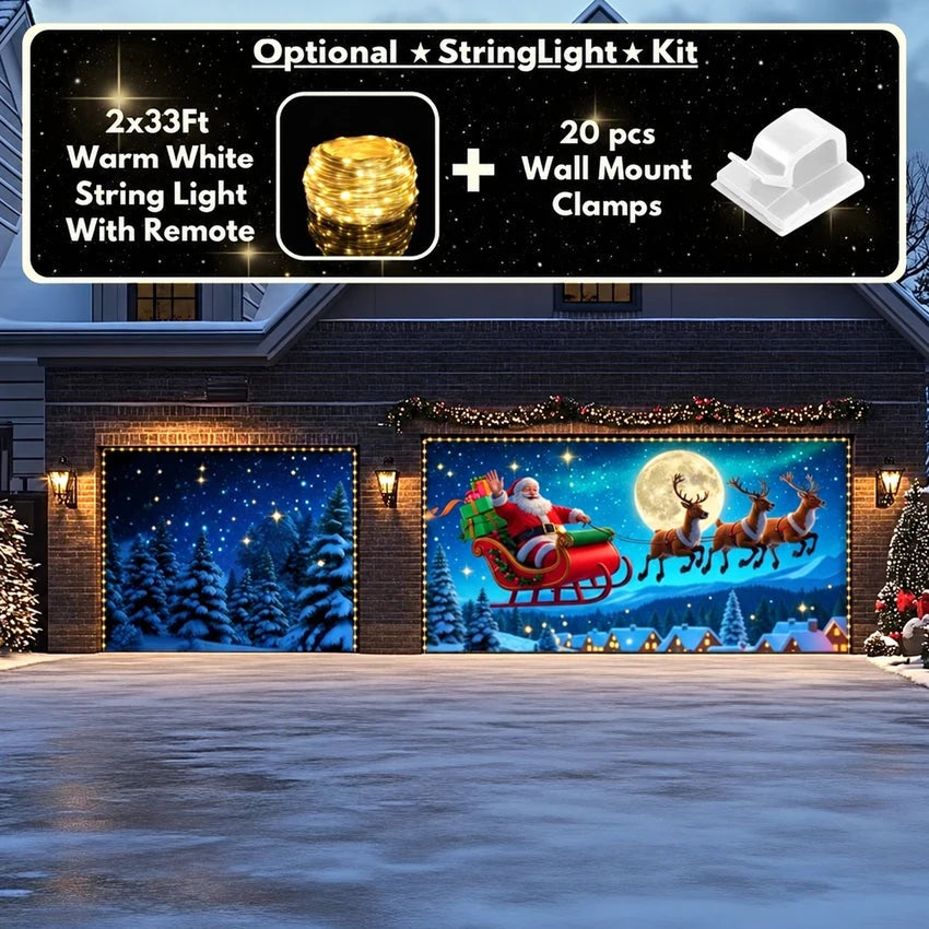 Santa's Flight (Glow) Christmas garage door cover shown on a double-and-single garage layout with the optional string light kit