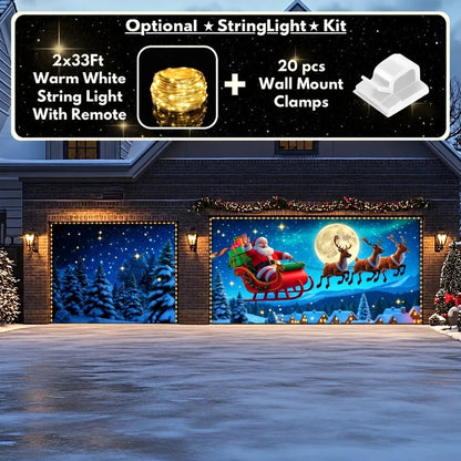 Santa's Flight (Glow) Christmas garage door cover shown on a double-and-single garage layout with the optional string light kit