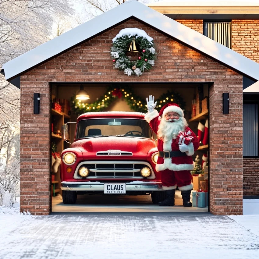 Santa's Garage Christmas garage door cover showing Santa beside a vintage red truck, single-door view.