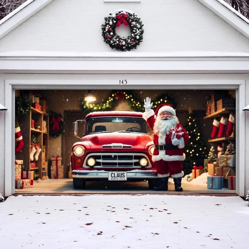 Santa's Garage Christmas garage door cover showing Santa beside a vintage red truck, double-door view.