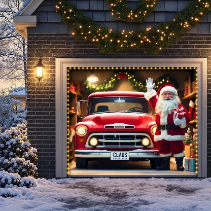 Santa's Garage Christmas garage door cover showing Santa beside a vintage red truck, single-door view with optional string lights.