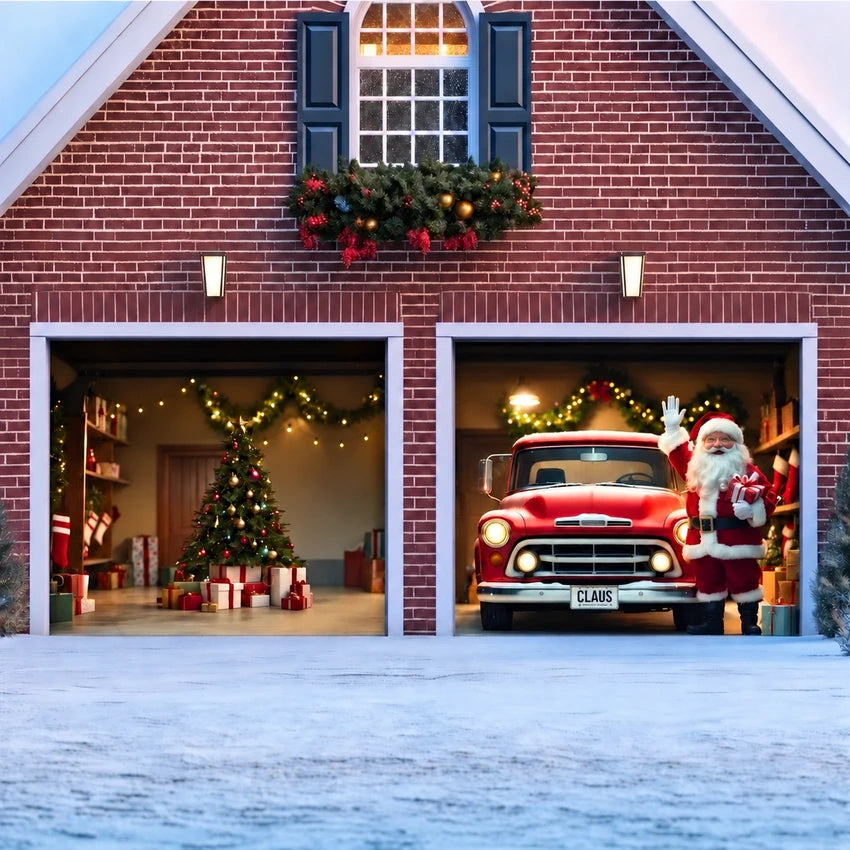 Santa's Garage Christmas garage door cover showing Santa beside a vintage red truck, two-door layout.