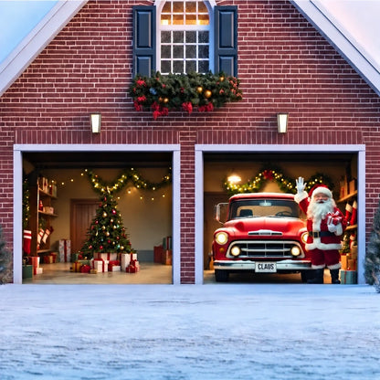 Santa's Garage Christmas garage door cover showing Santa beside a vintage red truck, two-door layout.