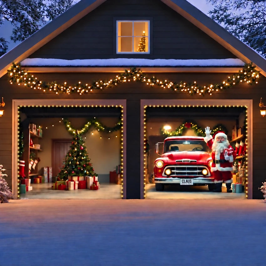 Santa's Garage Christmas garage door cover showing Santa beside a vintage red truck, two-door layout with optional string lights.