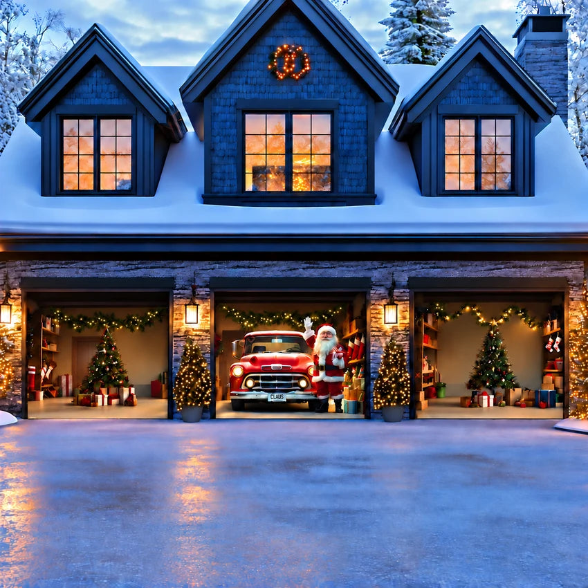 Santa's Garage Christmas garage door cover showing Santa beside a vintage red truck, three-door layout.