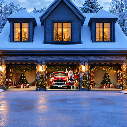 Santa's Garage Christmas garage door cover showing Santa beside a vintage red truck, three-door layout with optional string lights.