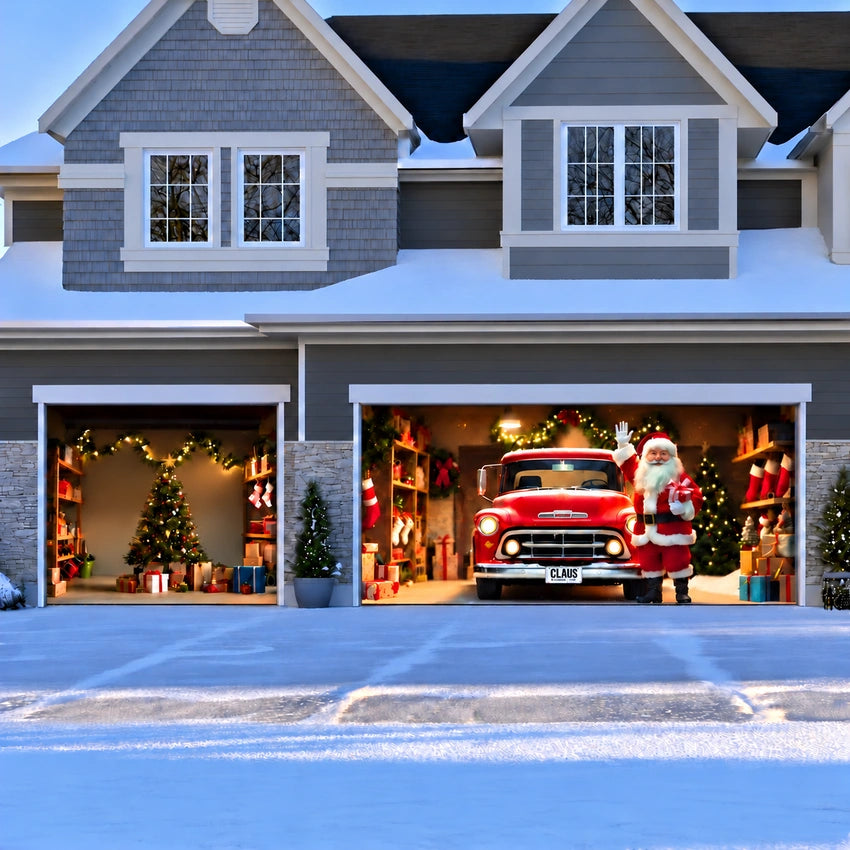 Santa's Garage Christmas garage door cover showing Santa beside a vintage red truck, double-plus-single layout.