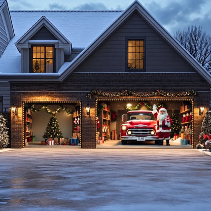 Santa's Garage Christmas garage door cover showing Santa beside a vintage red truck, double-plus-single layout with optional string lights.