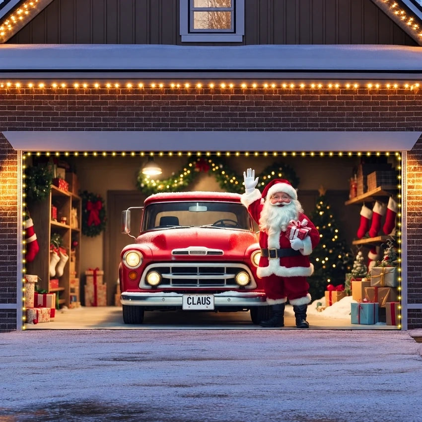 Santa's Garage Christmas garage door cover showing Santa beside a vintage red truck, double-door view with optional string lights.