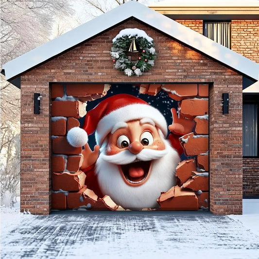 Santa's Surprise Christmas garage door cover illustrative mockup on a single garage door