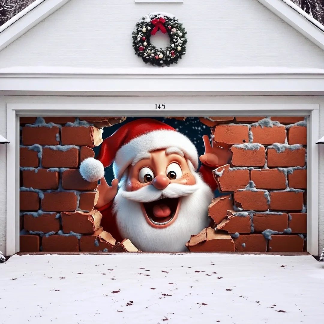 Santa's Surprise Christmas garage door cover illustrative mockup on a wide garage door