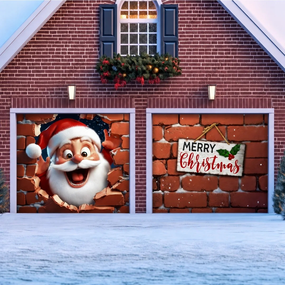 Santa's Surprise Christmas garage door cover illustrative mockup on two garage doors