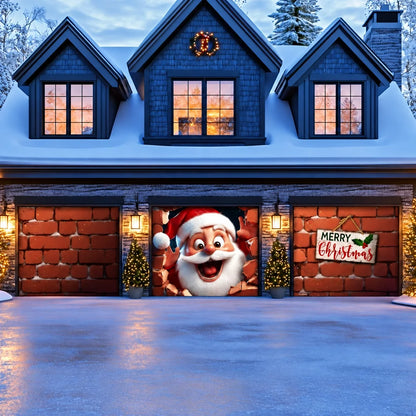 Santa's Surprise Christmas garage door cover illustrative mockup on a three-door garage