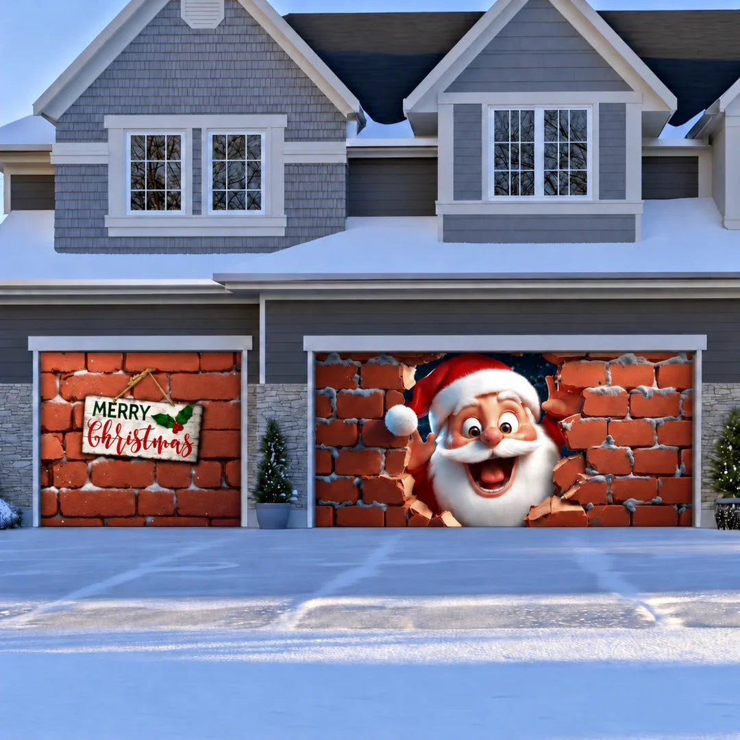 Santa's Surprise Christmas garage door cover illustrative mockup on a double-and-single garage layout