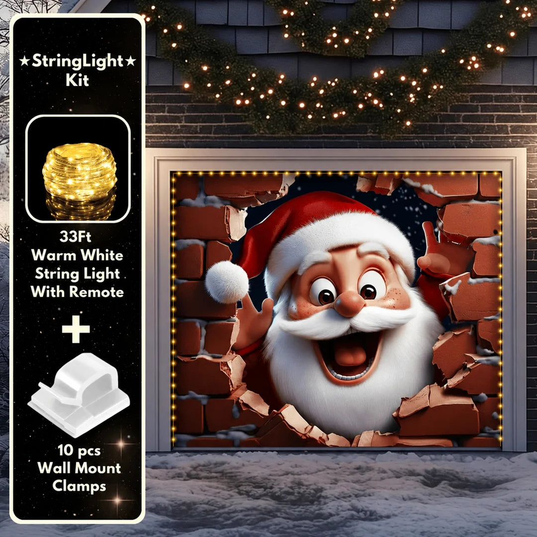Santa's Surprise Christmas garage door cover illustrative mockup on a single garage door with the optional string light kit