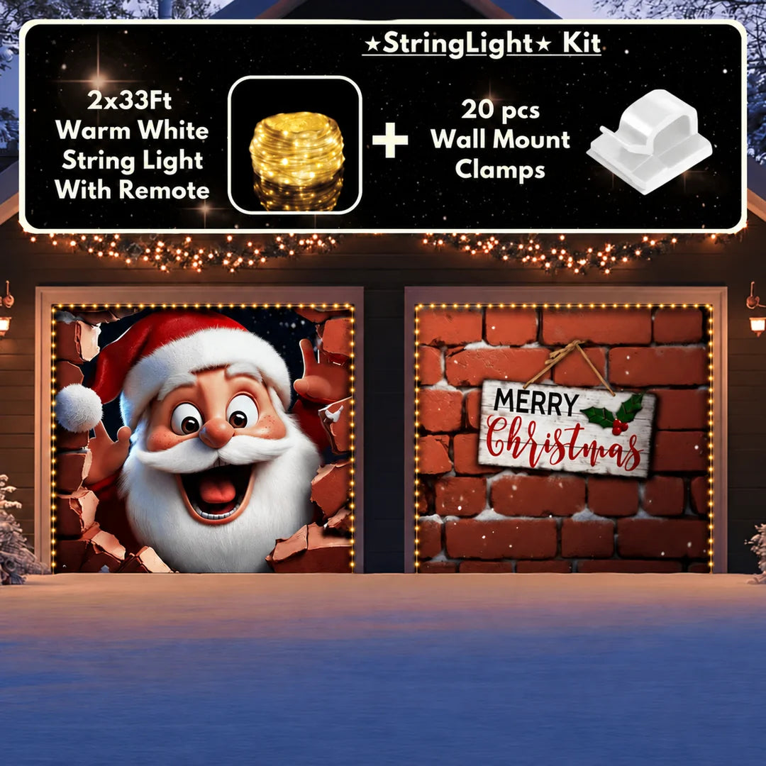 Santa's Surprise Christmas garage door cover illustrative mockup on two garage doors with the optional string light kit
