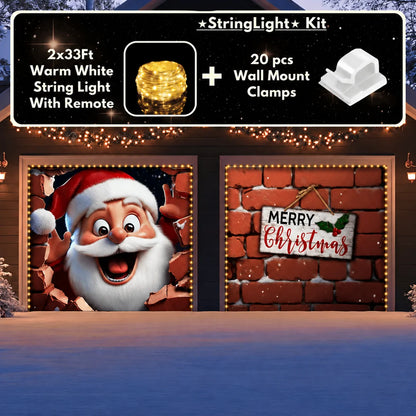 Santa's Surprise Christmas garage door cover illustrative mockup on two garage doors with the optional string light kit