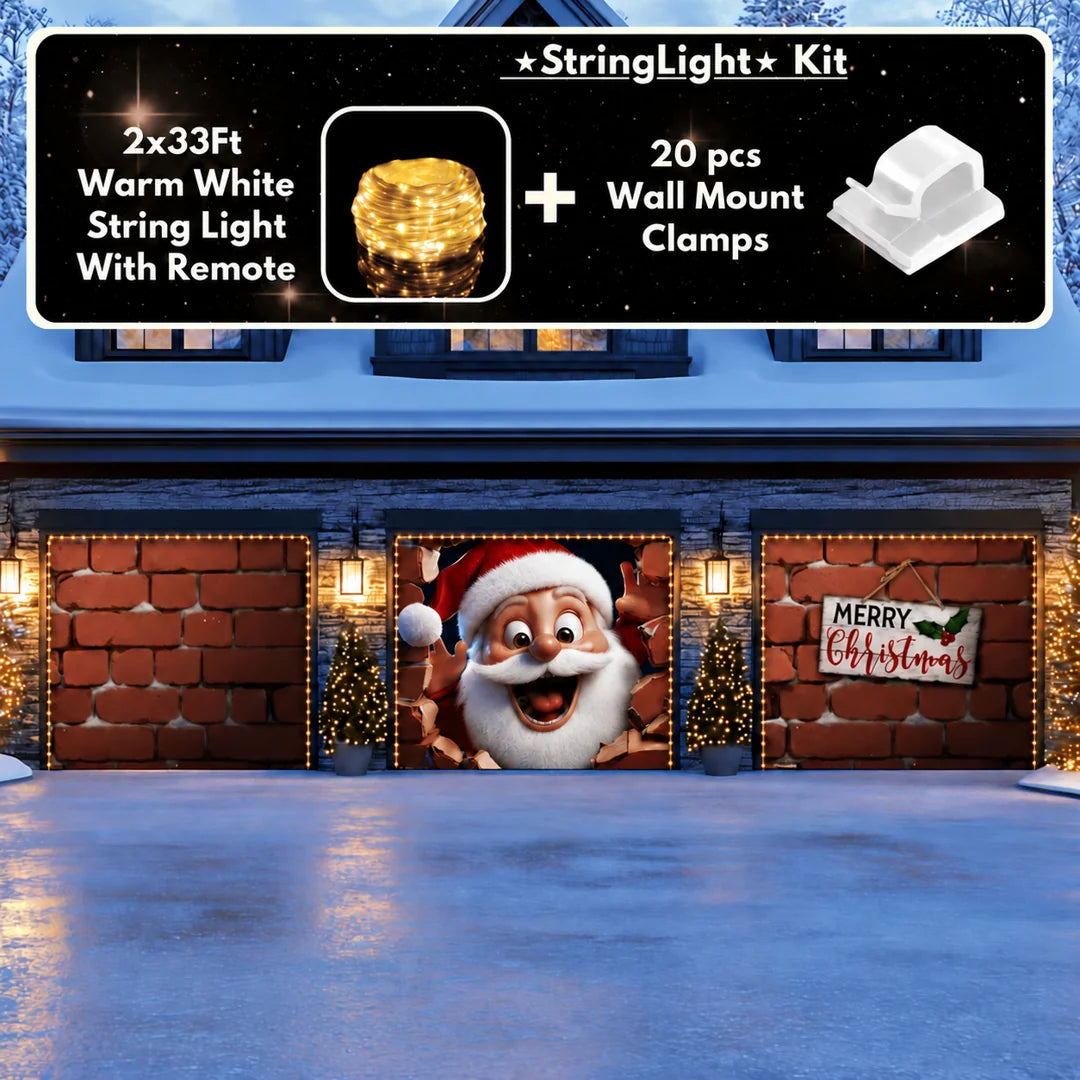 Santa's Surprise Christmas garage door cover illustrative mockup on a three-door garage with the optional string light kit