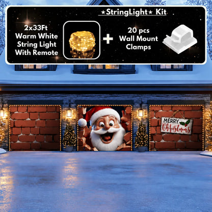 Santa's Surprise Christmas garage door cover illustrative mockup on a three-door garage with the optional string light kit