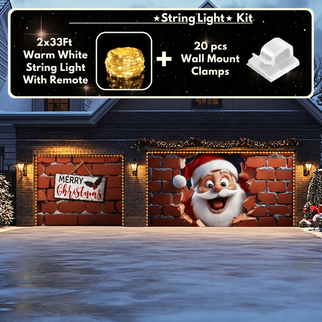 Santa's Surprise Christmas garage door cover illustrative mockup on a double-and-single garage layout with the optional string light kit