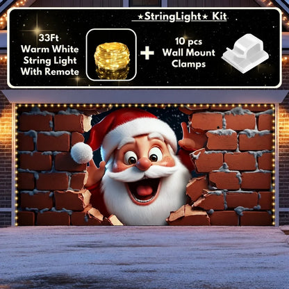 Santa's Surprise Christmas garage door cover illustrative mockup on a wide garage door with the optional string light kit