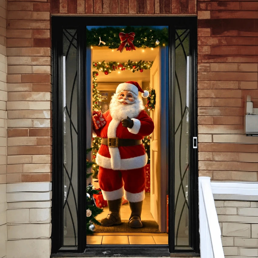 Santa’s Welcome Christmas front door cover on a brick entrance.