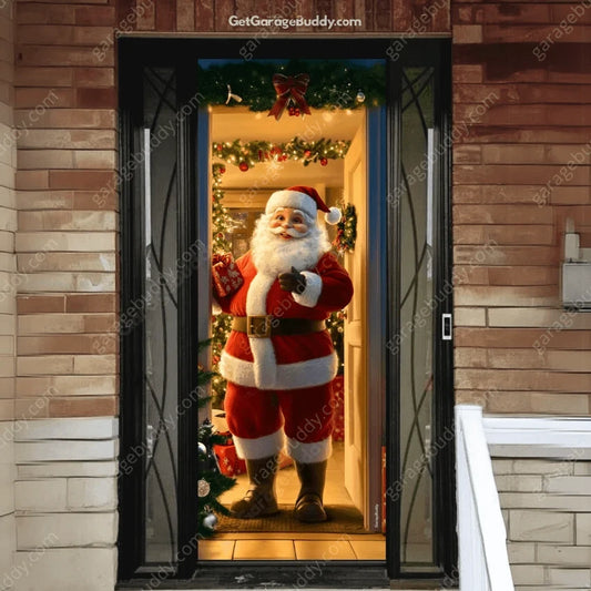 Santa’s Welcome Christmas front door cover on a brick entrance.