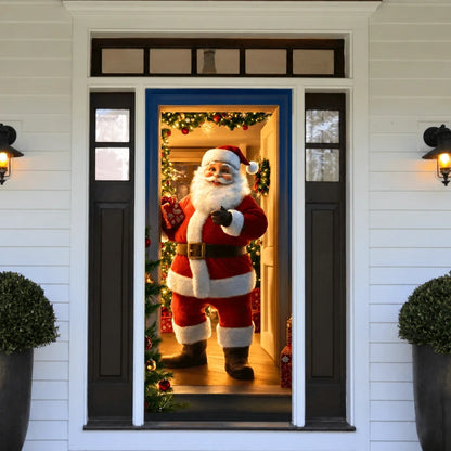 Santa’s Welcome Christmas front door cover on a light-colored entrance.