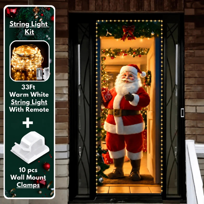 Santa’s Welcome Christmas front door cover on a brick entrance with optional string light kit illustrated.