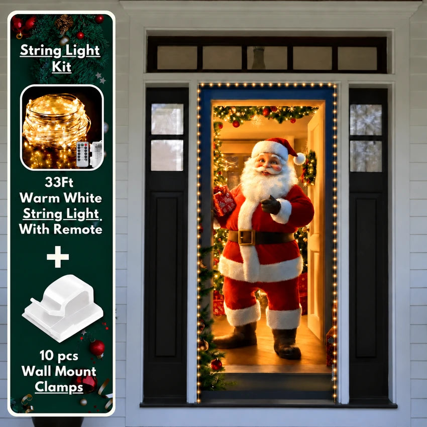 Santa’s Welcome Christmas front door cover on a light-colored entrance with optional string light kit illustrated.