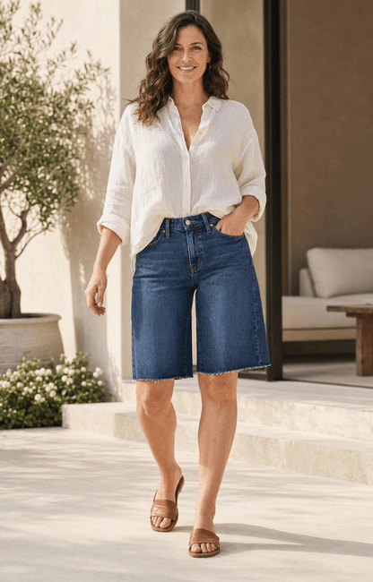 STAPLE Shorts The Seamed™ Long Denim Bermuda Short Women’s Long Denim Bermuda Shorts | STAPLE