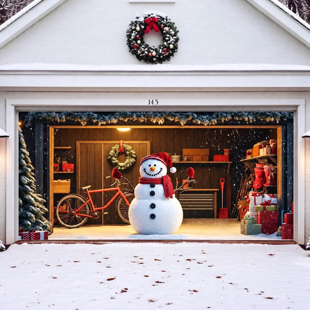 Snowy The Snowman Christmas garage door cover illustrative mockup on a wide garage door