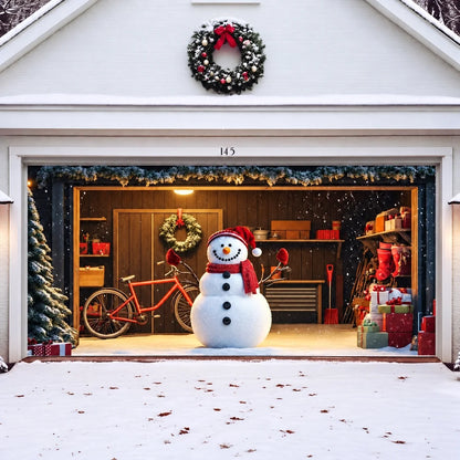Snowy The Snowman Christmas garage door cover illustrative mockup on a wide garage door