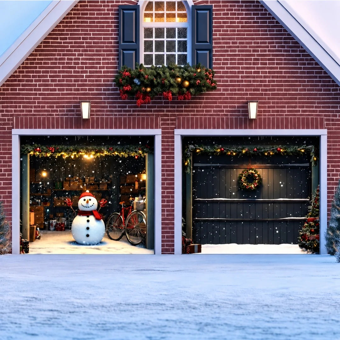 Snowy The Snowman Christmas garage door cover illustrative mockup on two garage doors