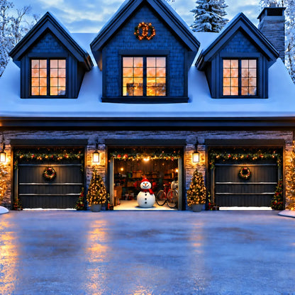 Snowy The Snowman Christmas garage door cover illustrative mockup on a three-door garage