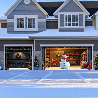 Snowy The Snowman Christmas garage door cover illustrative mockup on a double-and-single garage layout