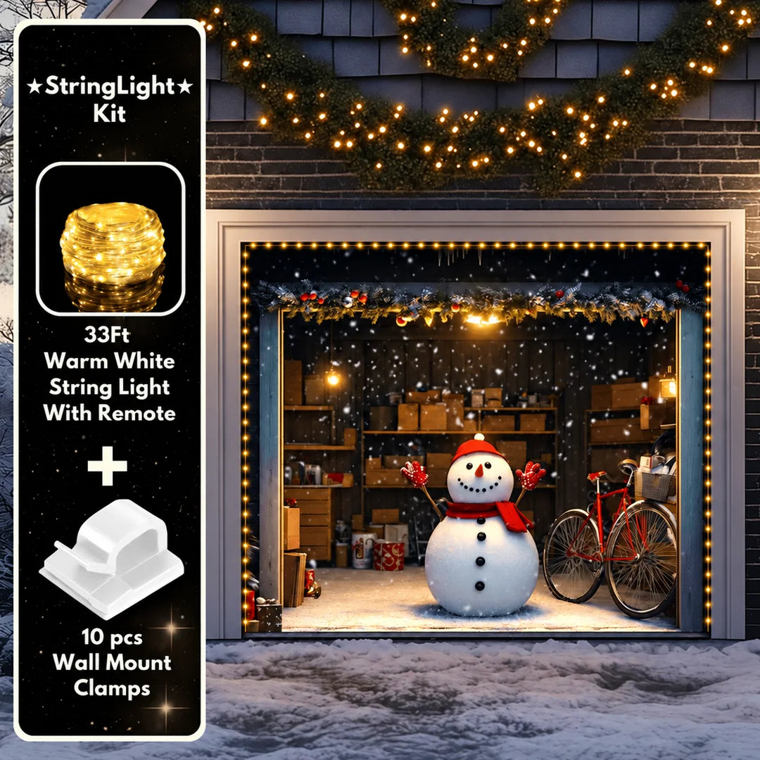 Snowy The Snowman Christmas garage door cover illustrative mockup on a single garage door with the optional string light kit