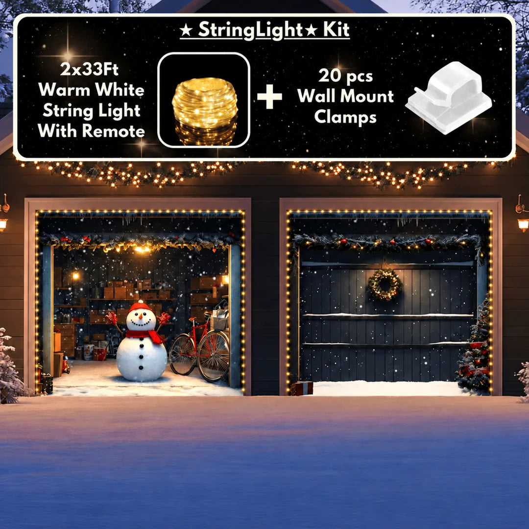 Snowy The Snowman Christmas garage door cover illustrative mockup on two garage doors with the optional string light kit