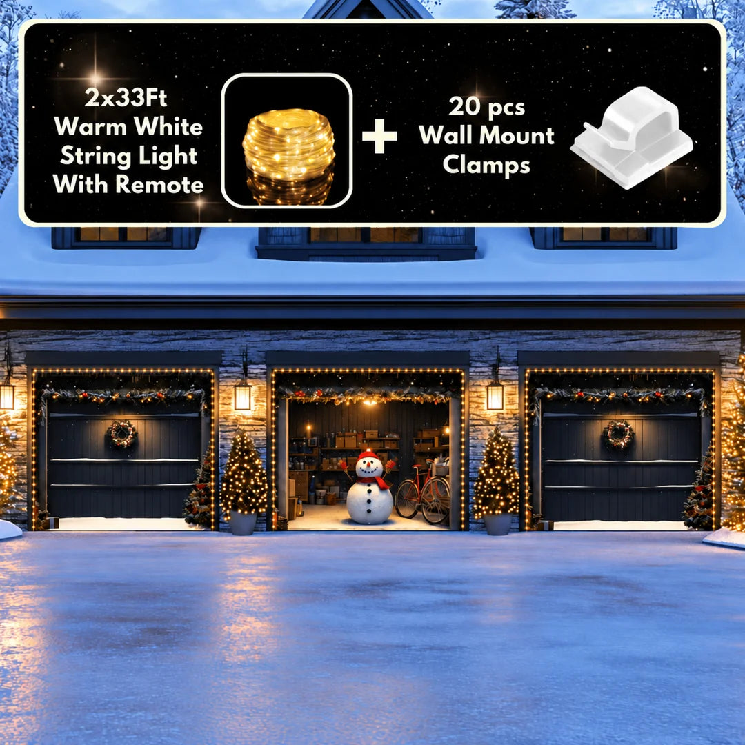Snowy The Snowman Christmas garage door cover illustrative mockup on a three-door garage with the optional string light kit