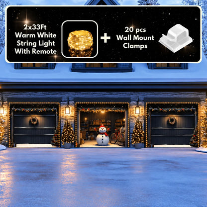 Snowy The Snowman Christmas garage door cover illustrative mockup on a three-door garage with the optional string light kit