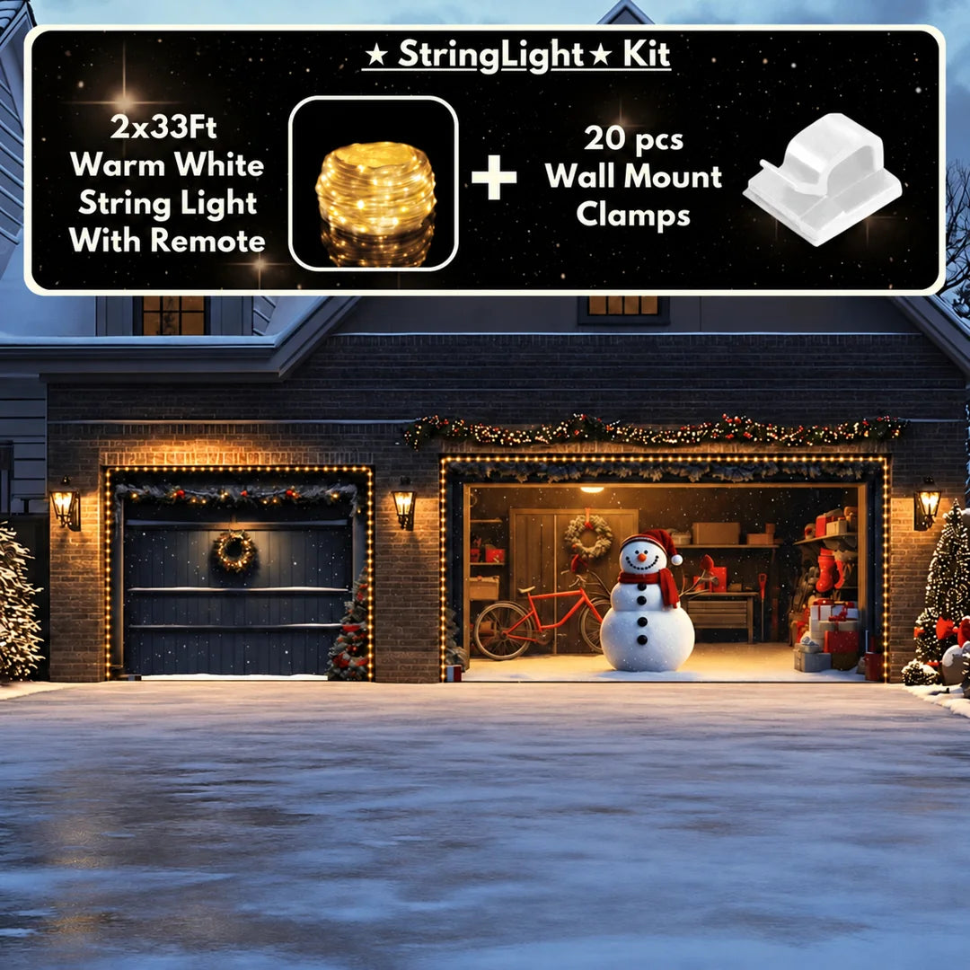 Snowy The Snowman Christmas garage door cover illustrative mockup on a double-and-single garage layout with the optional string light kit