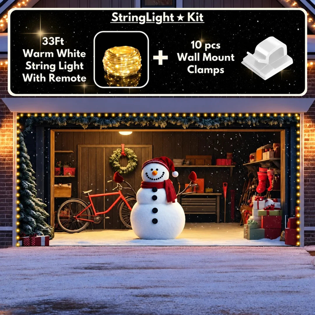 Snowy The Snowman Christmas garage door cover illustrative mockup on a wide garage door with the optional string light kit